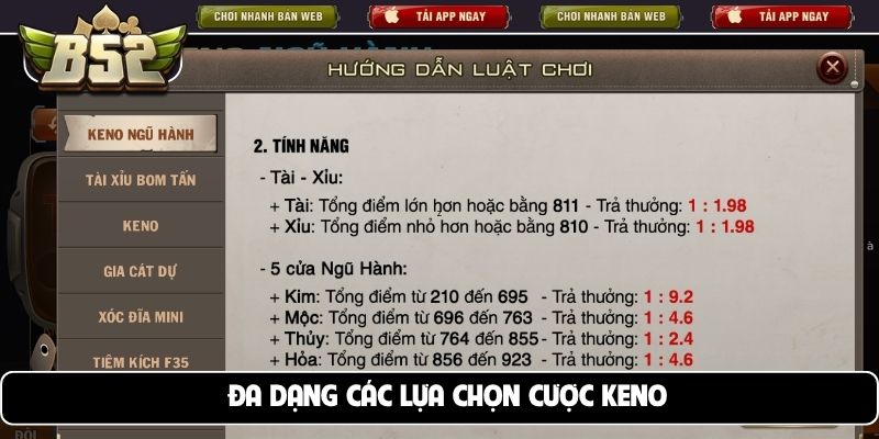 Đa dạng các lựa chọn cược keno