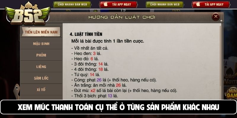 Xem mức thanh toán cụ thể ở từng sản phẩm khác nhau